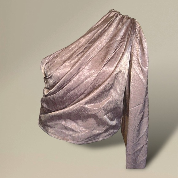 NWT Fiestar One Shoulder Top Side Zip Ruched Detail Shimmering Mauve Size Large - Picture 2 of 14